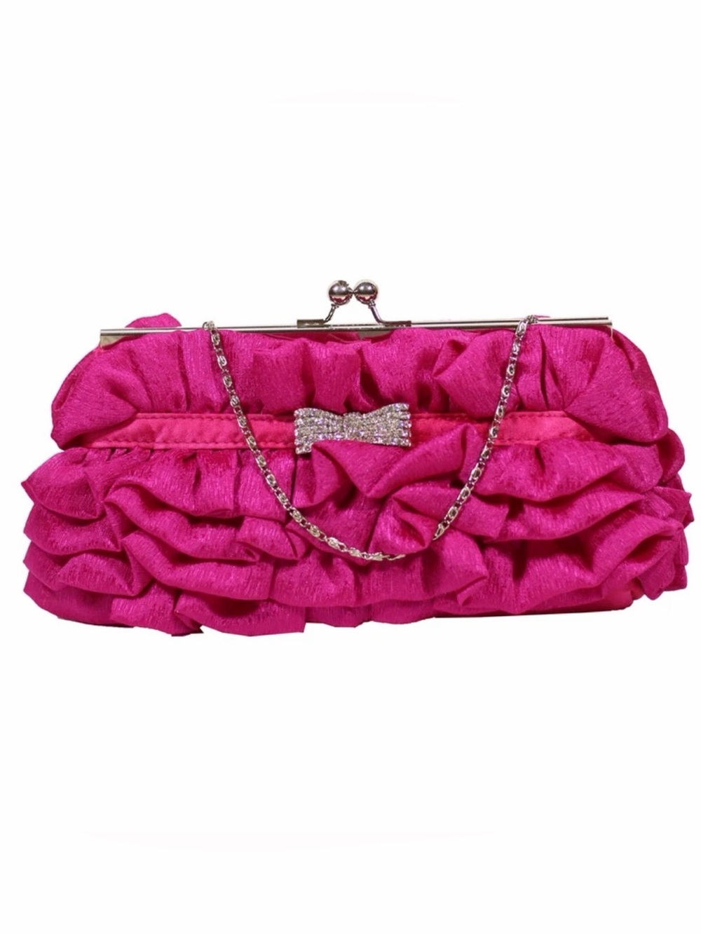 Women's Classic Fuchsia Ruffle Evening Satin Clutch with Sparkling Crystal Bow